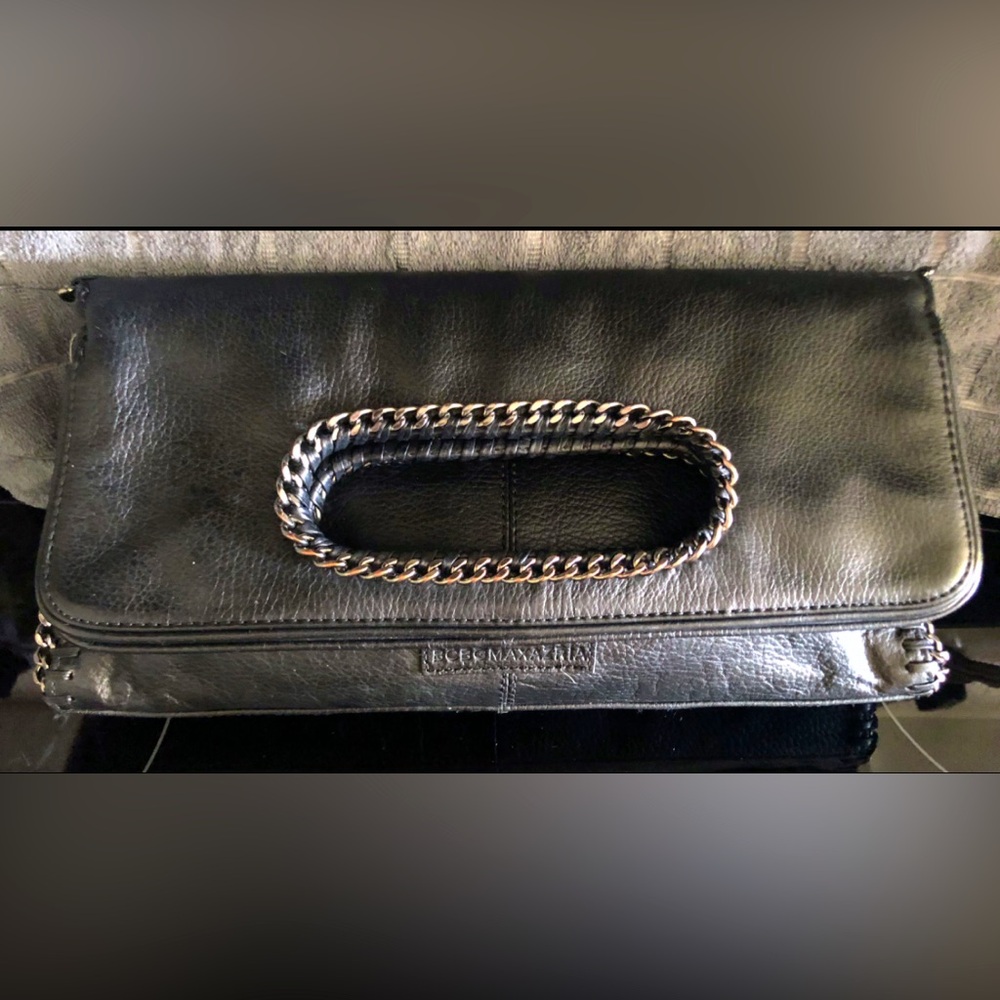 BCBGMaxAzria Black Leather Clutch with Chain Detail